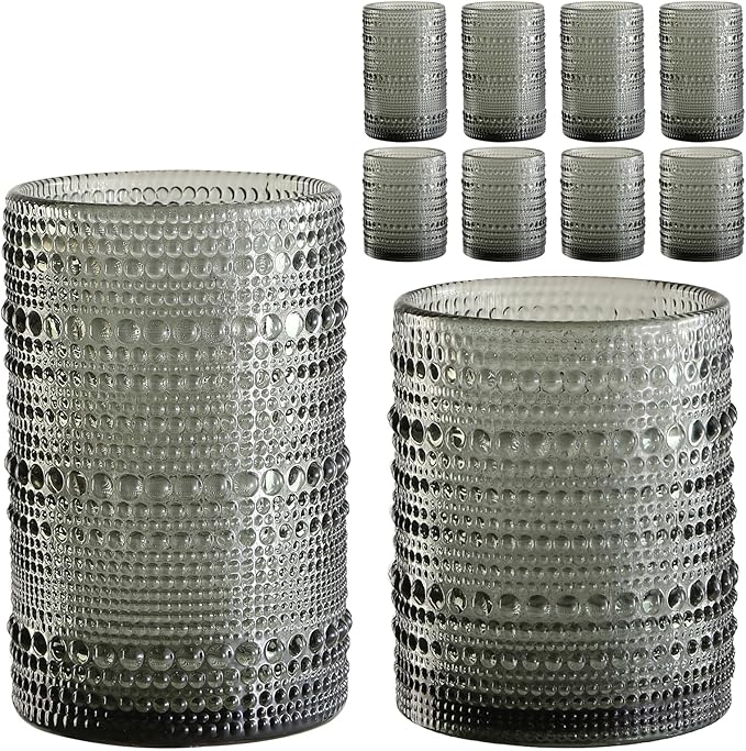 ZMOWIPDL Vintage Hobnail Drinking Glasses Set of 8,Grey 12 oz & 15oz Highball Glass Cups, Kitchen Drinkware Glassware,Embo...
