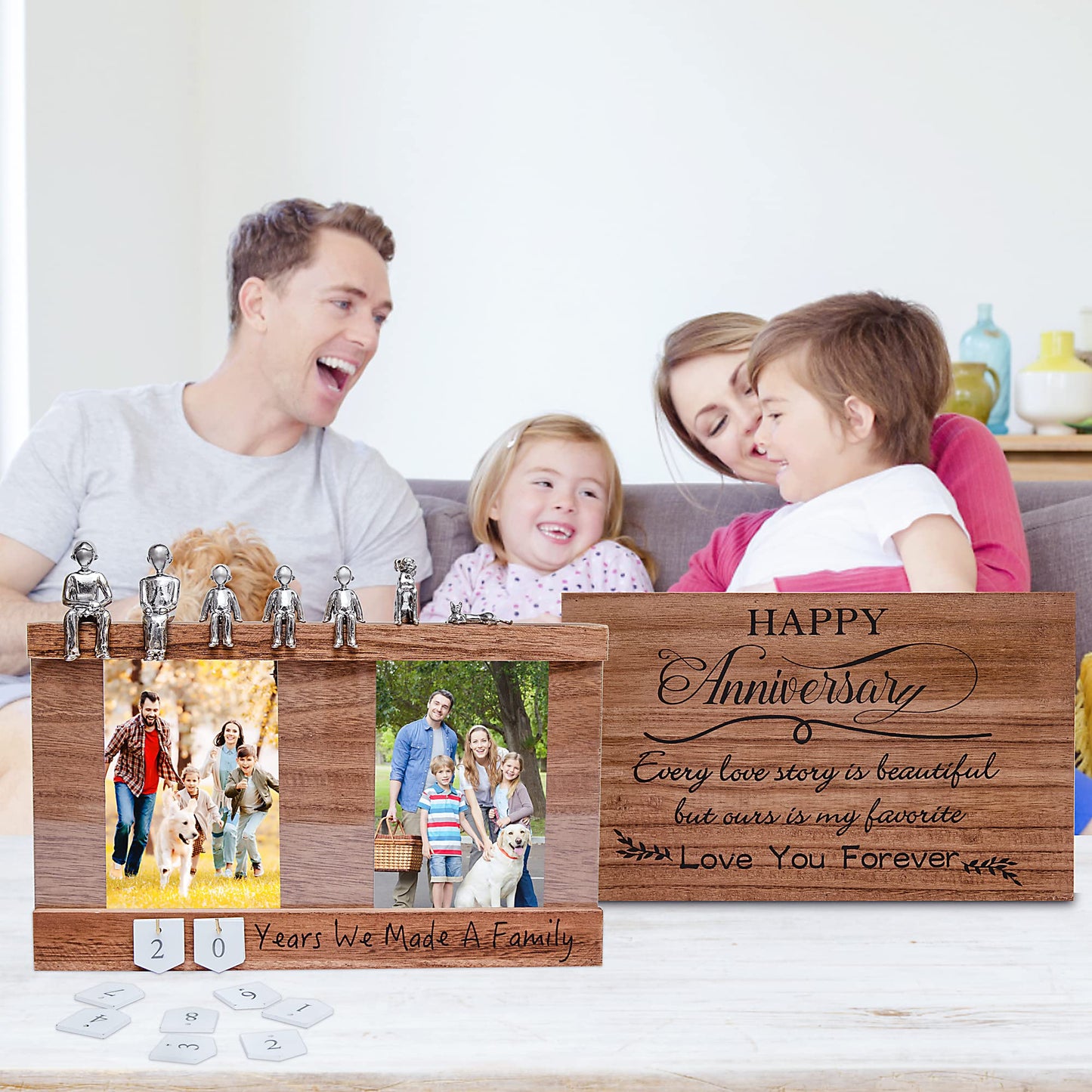 EVA murmure Personalized Romantic Wedding and Anniversary Keepsake Box with Family Statue - Wooden Memory Picture Box for Cherished Keepsakes and Ticket Storage - Elegant Couple Gift
