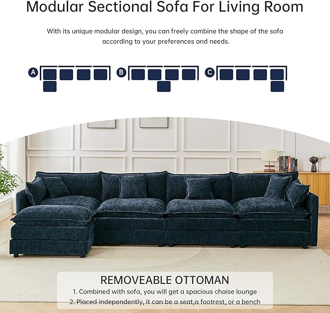 saows Modular Sectional Sofa, 147.2 Inch L Shaped Couch Set with Armrests, 4-Seater Comfy Cloud Couches with Movable Ottoman for Living Room Apartment, Blue