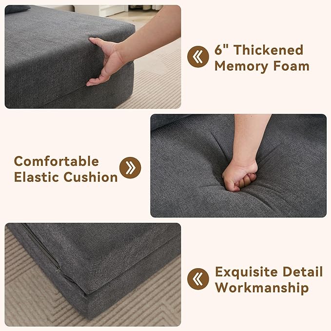WUTUTUEE Folding Sofa Bed Convertible Floor Couch Foldable Chair Bed with Pillow，Linen Sleeper Chair Futon,Foldable Memory Foam Mattress for Bedroom/Living Room/Dorm/Office (Dark Grey, Standard)