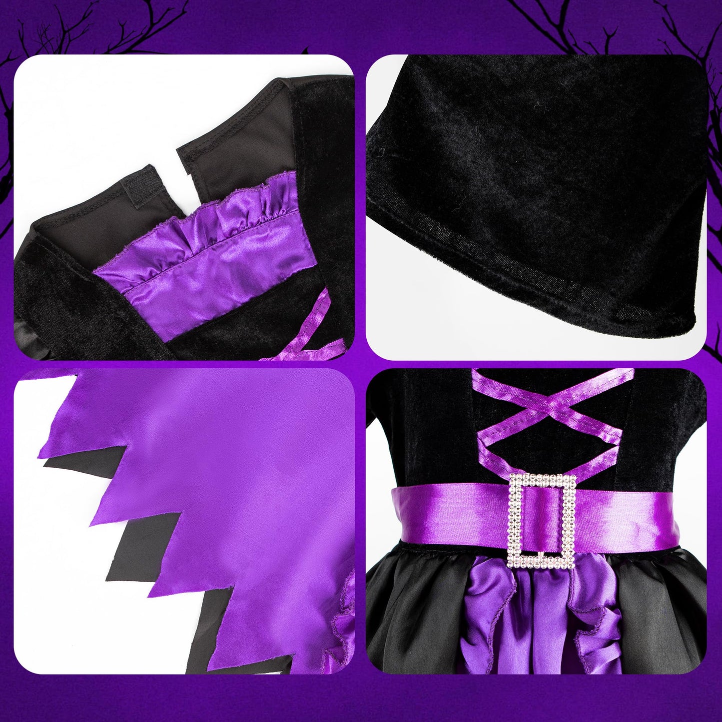 Kiddokids Witch Costume for Girls- Light-Up Dress with Hat & Broom Accessories, Halloween Costume Set for 3-12 Years, Purple Witch Outfit for Halloween Parties & Role Play