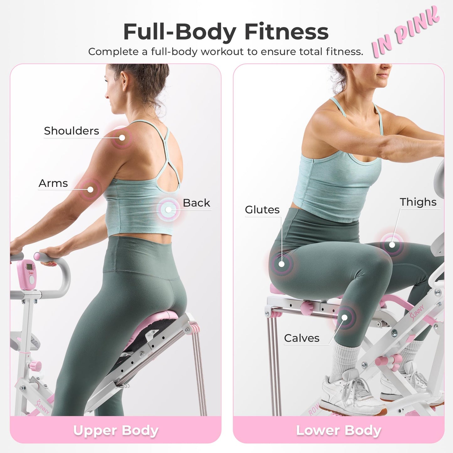 Sunny Health & Fitness Pink Row-N-Ride Plus, Squat Assist Trainer for Glutes and Full Body Workout, 330 LB Capacity, Adjustable Resistance, Padded Seat, and Free Access to SunnyFit App - P2100SMART