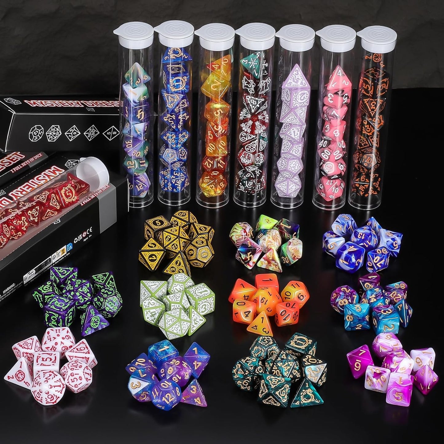 QMAY Mystery Dice Box - 7PCS DND Dice Set, Random Dice Patterns, 1Surprise Boxes, Polyhedral Dice with Dice Display Tube, D&D Gifts Box for Dungeons and Dragons, RPG, MTG,Role Playing Table Game
