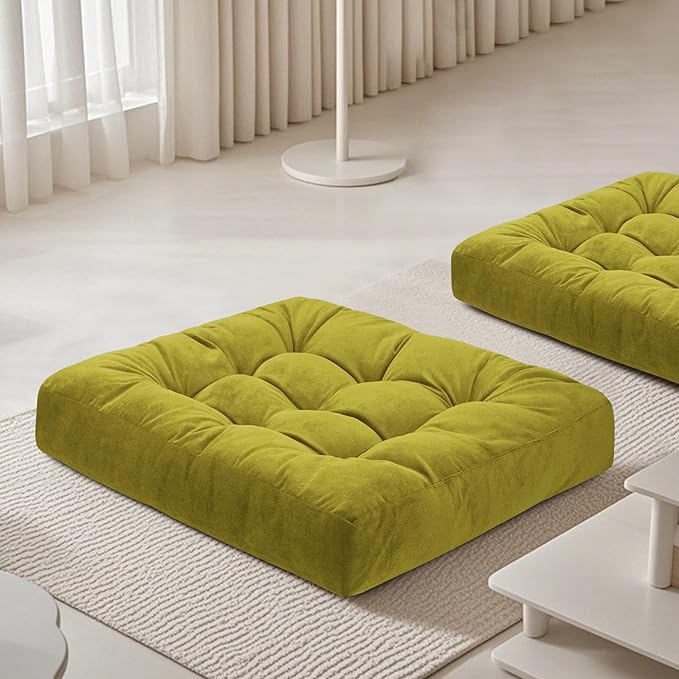 FlyGulls Meditation Floor Pillow 22×22 Inch 2 Pack Large Floor Cushions for Adults Square Tufted Corduroy Floor Pillows for Yoga Living Tatami Room Green