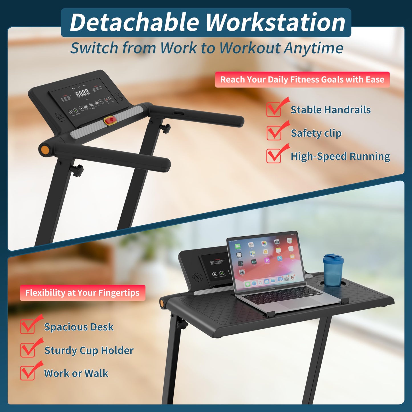 Under Desk Treadmill with Incline, 3-in-1 Walking Pad Treadmill with Desk Workstation, 0.6-8 MPH Folding Compact Treadmill for Home Office, 300 lb Capacity, Bluetooth Speaker