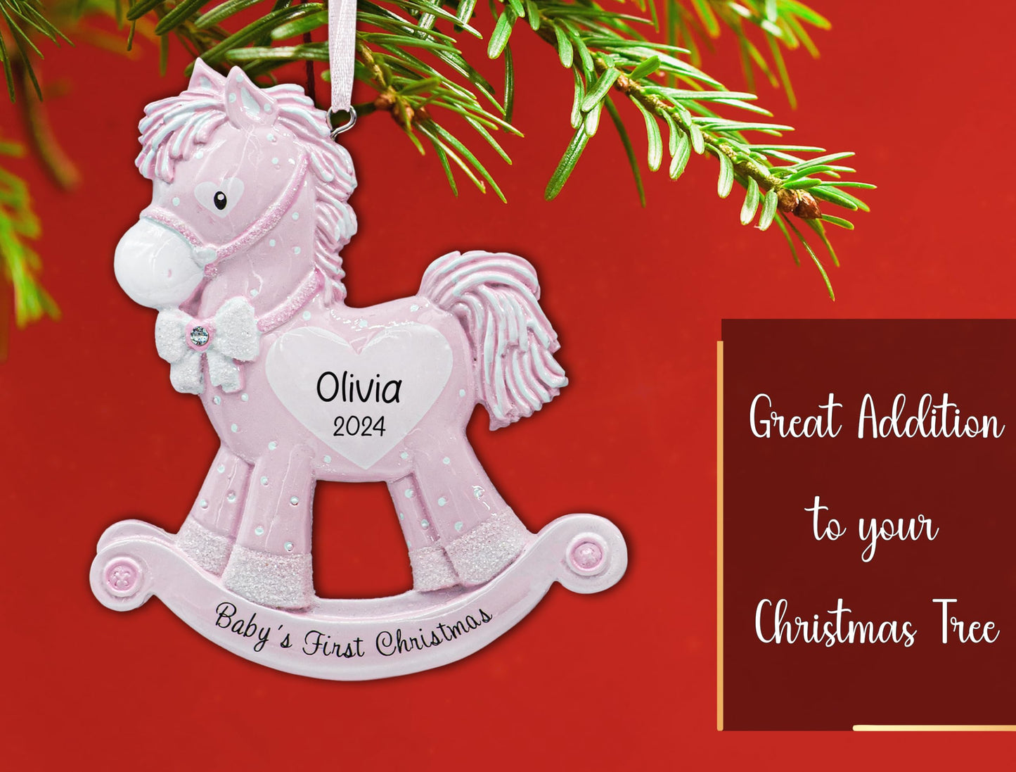 UniqXmas Personalized Baby's First Christmas Ornament 2025 | Custom Pink Baby Girl Rocking Horse Xmas Tree Decoration – My 1st Year Ornament for Newborn New Grandbaby