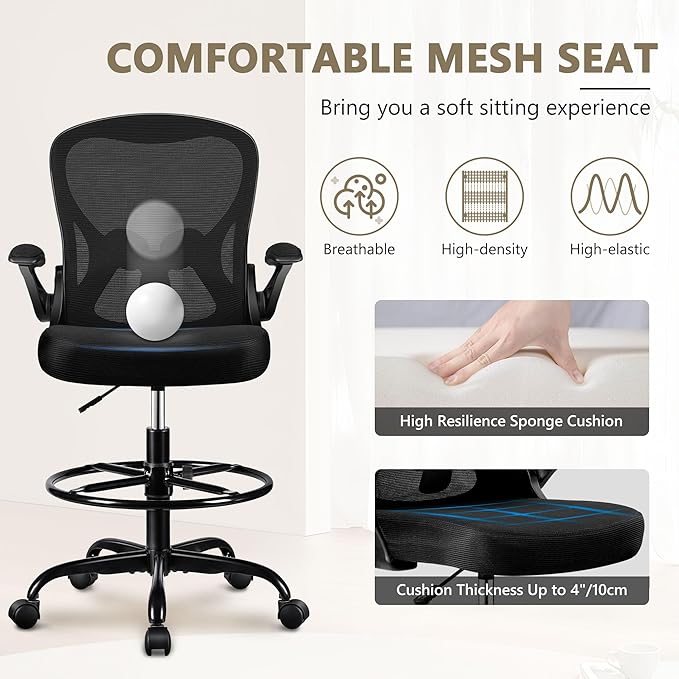 Winrise Drafting Chair, Tall Office Chair Ergonomic Standing Desk Chair, Lumbar Support Computer Chair Swivel Task Rolling Chair with Adjustable Flip-up Armrests Black Pack of 6