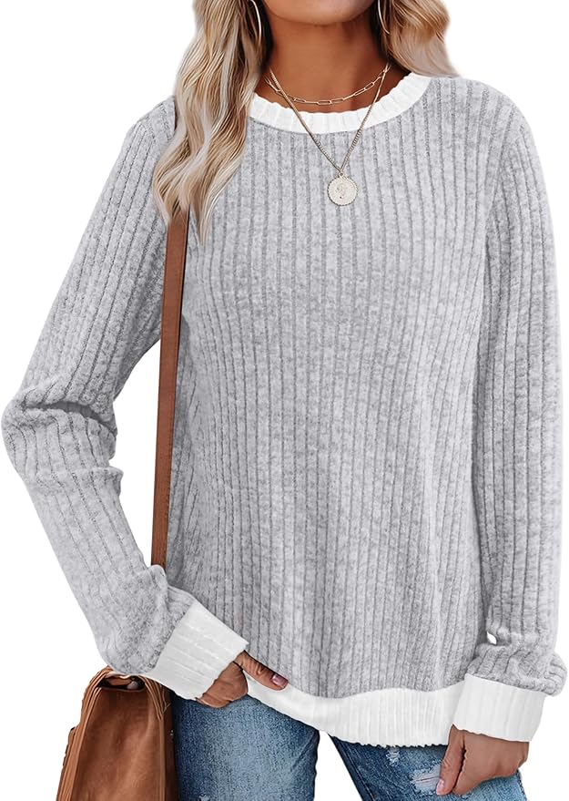 Sampeel Womens Tops Long Sleeve Shirts Lightweight Sweaters Loose Fit Crewneck Color Block Fall Fashion Outfits