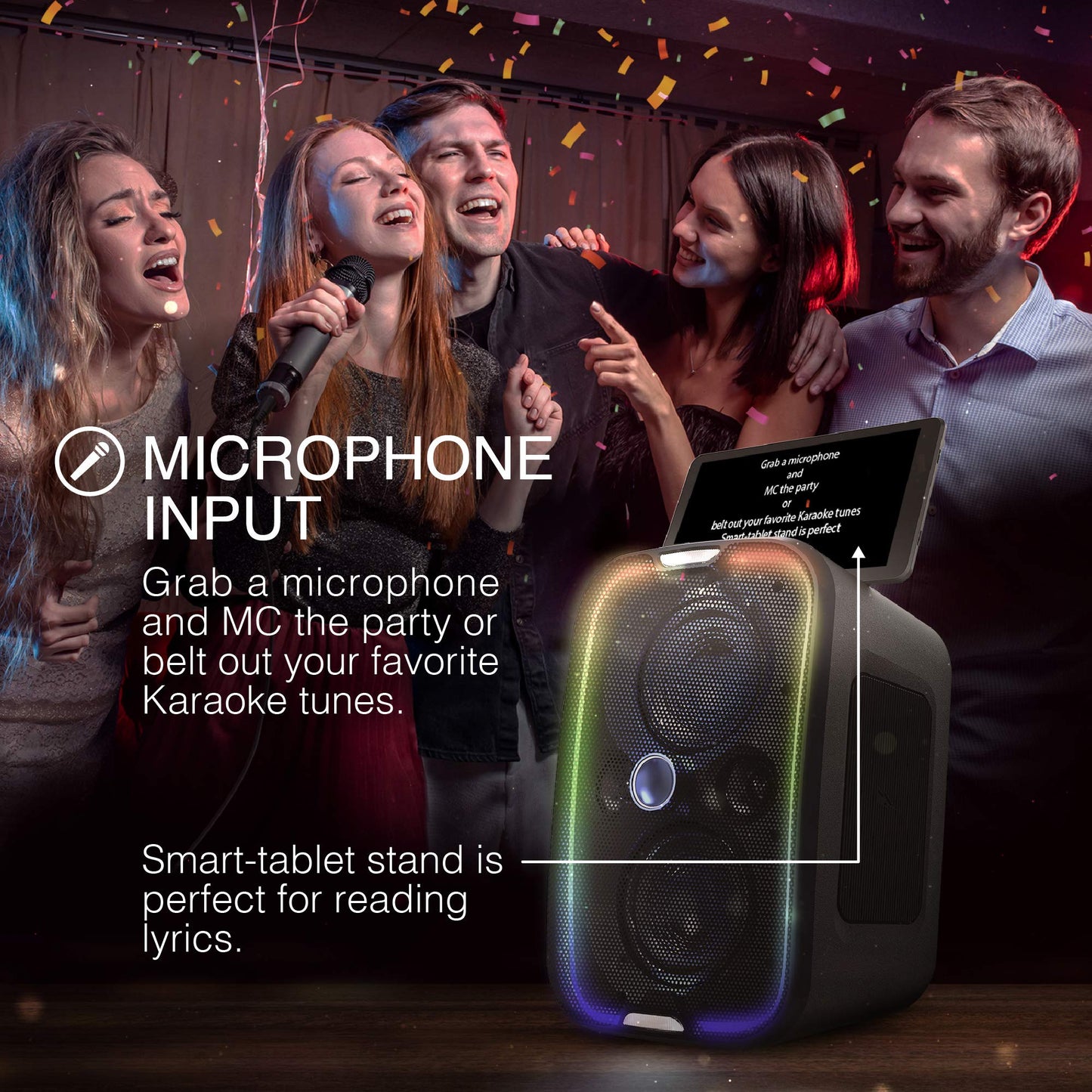 Brookstone Bluetooth Speakers, IPX5 Waterproof Outdoor Speaker, Portable Bluetooth Speaker with LED Light Show, 60 Watt RMS Speaker, Wireless Charging Pad for Smartphone, Connect Multiple Speakers