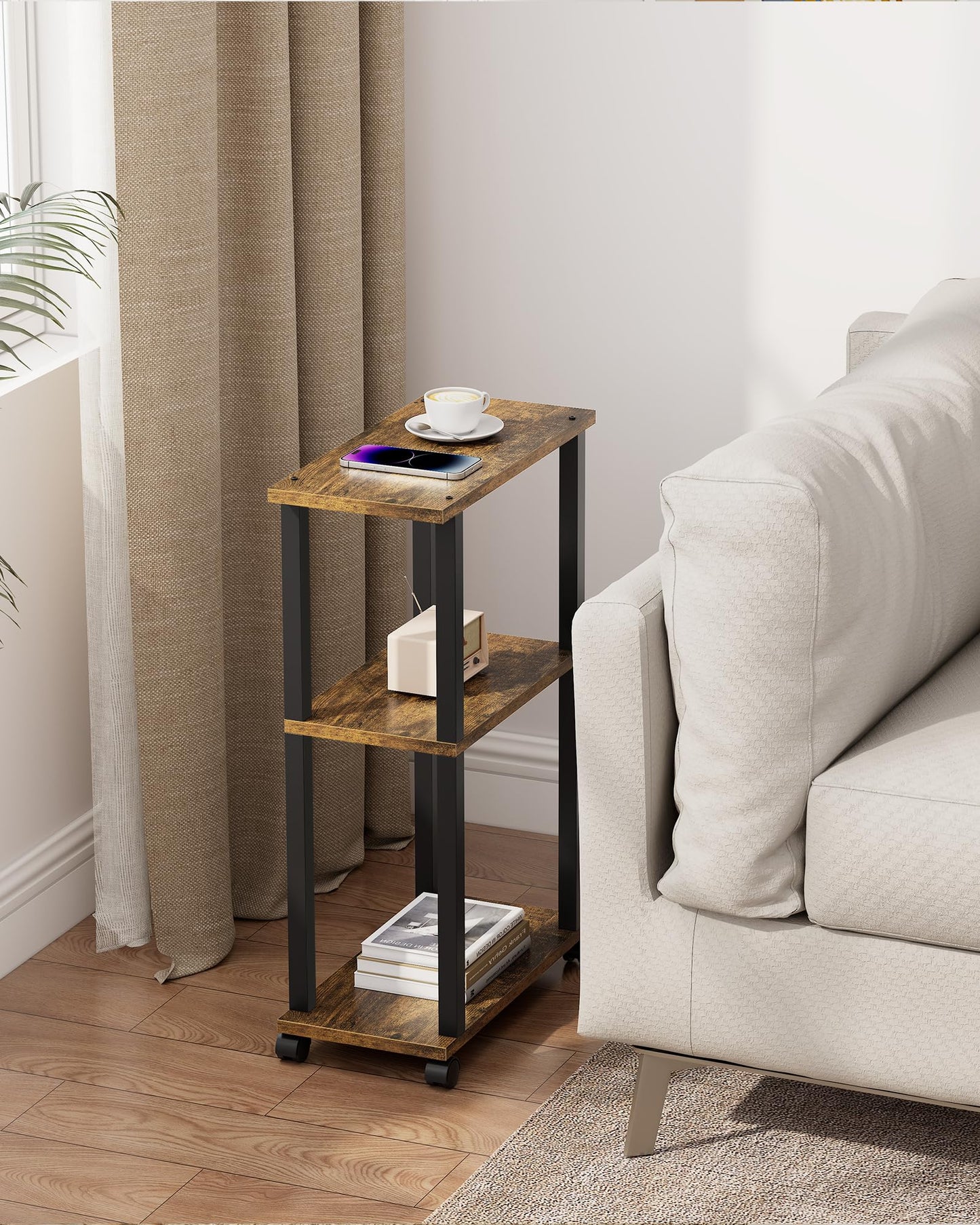 TUTOTAK Small Side Table, Narrow End Table, Bedside Table, Set of 2, Couch Side Table with Wheels for Living Room or Bedroom, Brown V1TB01BB0612EU