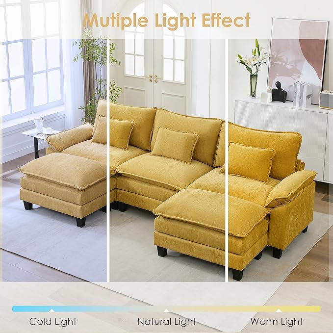 URRED Cloud Couch Modular Sectional Sofa, 122" Modern U Shaped Deep Seat Sofa with 2 Ottomans & Pillows, Ultra Comfy Chenille Couches for Living Room, Bedroom or Apartment, Yellow
