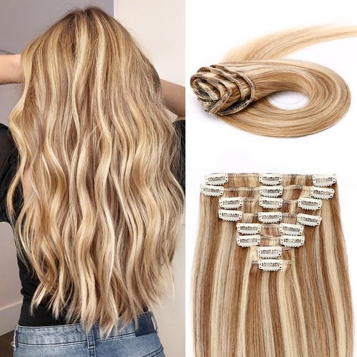 MY-LADY Clip In Hair Extensions Real Human Hair 20 Inch 8pcs Remy Real Hair Extension Clip ins #12/613 Light Brown with Bleach Blonde 105g Silky Straight