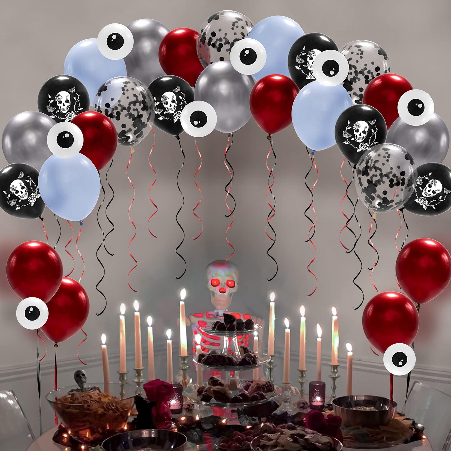 Cheerland Halloween Skull Balloons Gothic Birthday Decorations Skull Rose Decor Skeleton Party Decorations Goth Party Balloon Sugar Skull Spooky Bridal Shower Vampire Blood Balloons Backdrop 34pcs