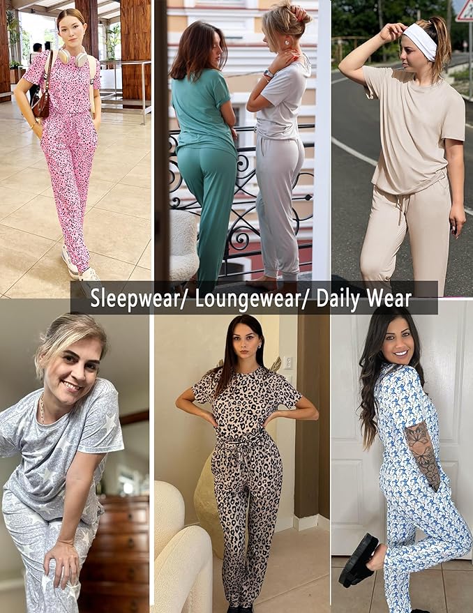 Ekouaer Pajamas for Women Set 2 Pack Lounge Set Short Sleeve Pjs Joggers Long Pants Loungepwear with Pockets
