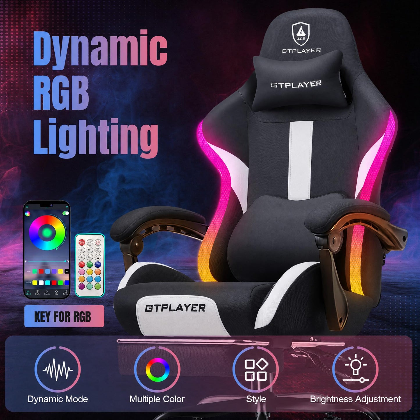 GTPLAYER RGB Gaming Chair with Footrest, LED Lights, Ergonomic Computer Chair with Linkage Armrest, Breathable Fabric for Home Office Desk - Video Game Chairs for Adults