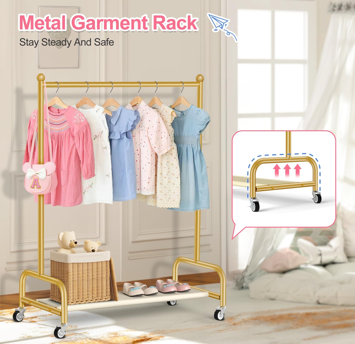 SLEEPING LAMB Kids Dress Up Rack with Wheels, Metal Small Kids Clothing Rack for Hanging Clothes with Bottom Shelf, Baby Dress Up Storage Wardrobe for Little Girls,Toddler, Gold
