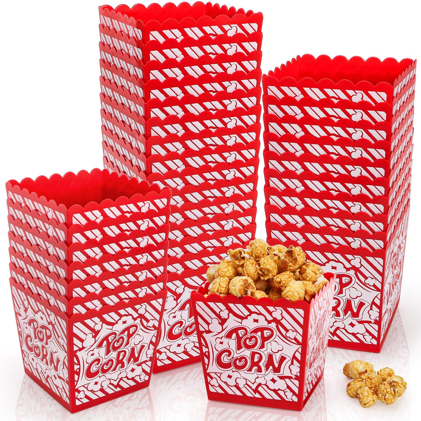 Covzoe 30 Packs Plastic Popcorn Box, Reusable Open-Top Popcorn Containers Bulk, Classic Red & White Striped Snack Bowls Bucket Tub for Movie Night, Party, Square 3.8 x 3.8 Inch