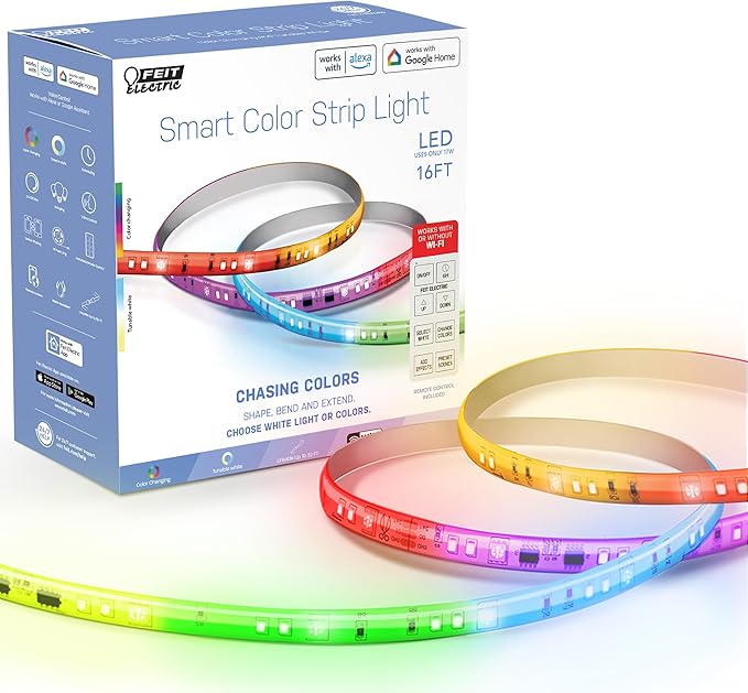 Feit Electric Smart Light Strip 16FT, Ultrathin RGBW Color Chasing LED Light Strip, 2.4GHz Wi-Fi Enabled, Works with Alexa...
