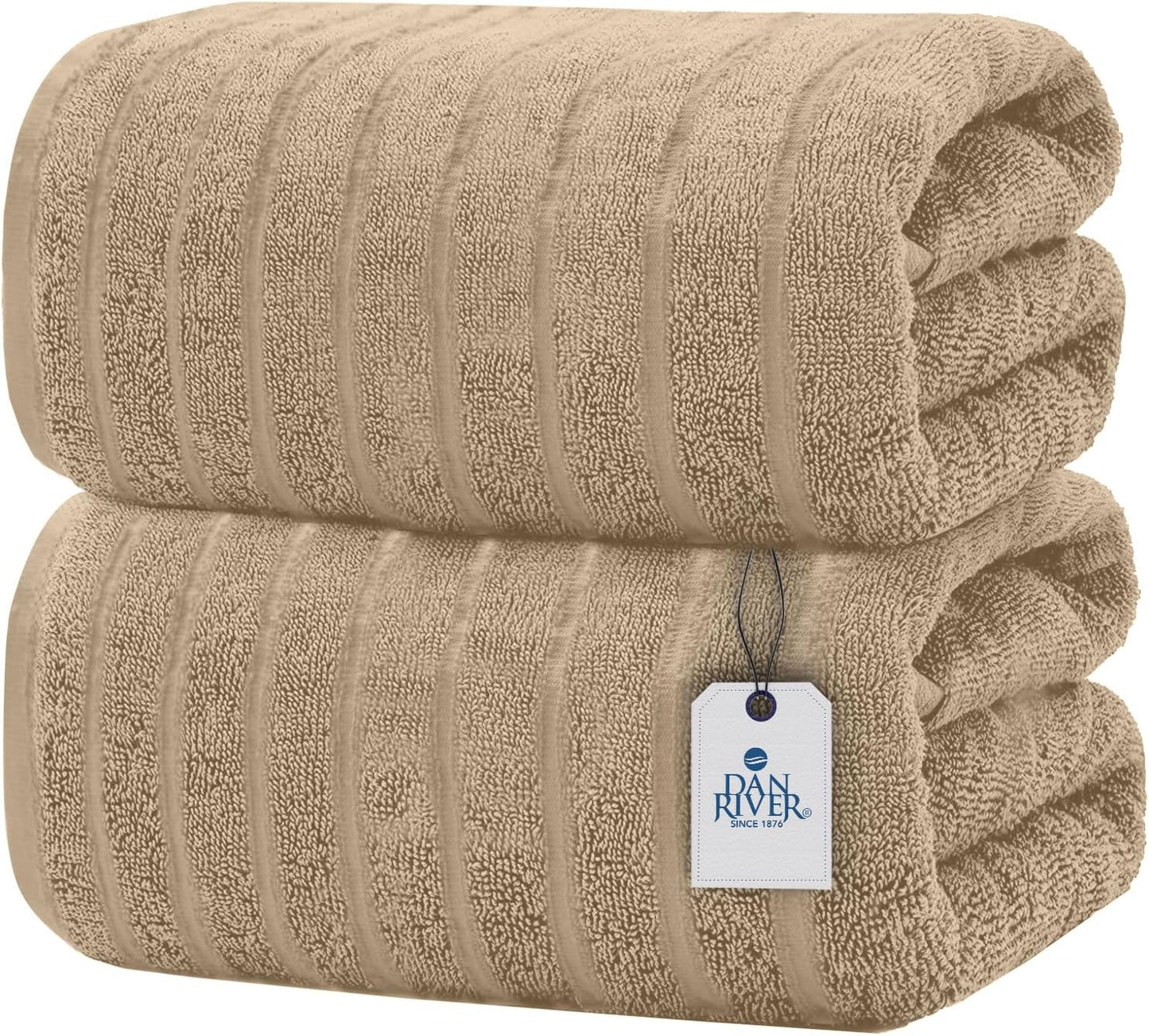 DAN RIVER Pack of 2 Bath Sheet 35x70 Inches, Ribbed Big Towels Oversized Extra Large Bath Towel, Absorbent Organic Cotton Towel - Tan