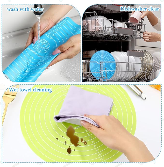 3Pcs Silicone Baking Mat Round Cake Turntable Mat with Measurements Reusable Silicone Baking Mats Non Stick Heat Resistant Pastry Bake Sheet for Pizza Pan Rolling Dough Pastry