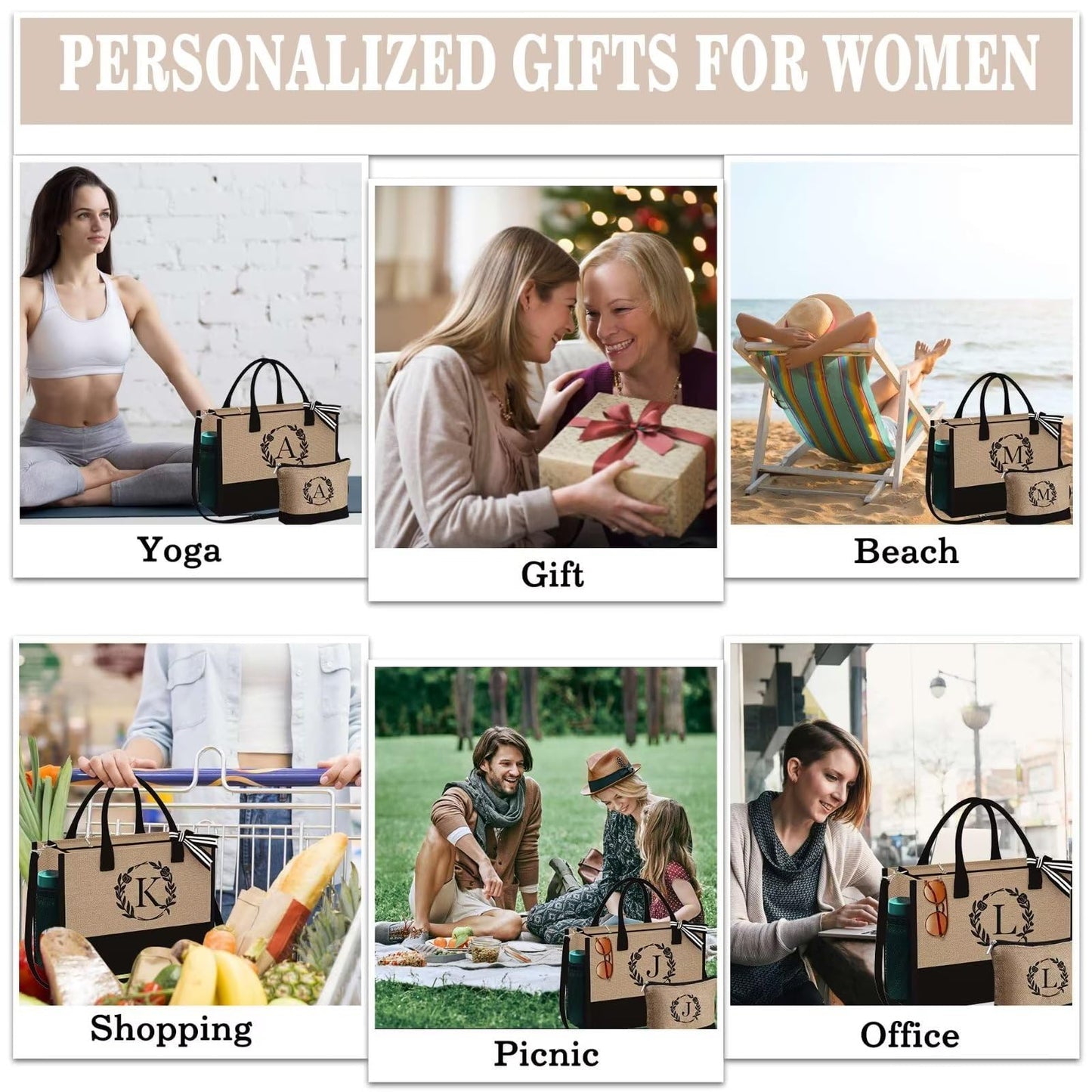 YOOLIFE Birthday Gifts for Women, Gifts for Mom Sister Teacher, Personalized Gift for Women, Friend Teacher Wife Mom Gift, M Initial Tote Bag