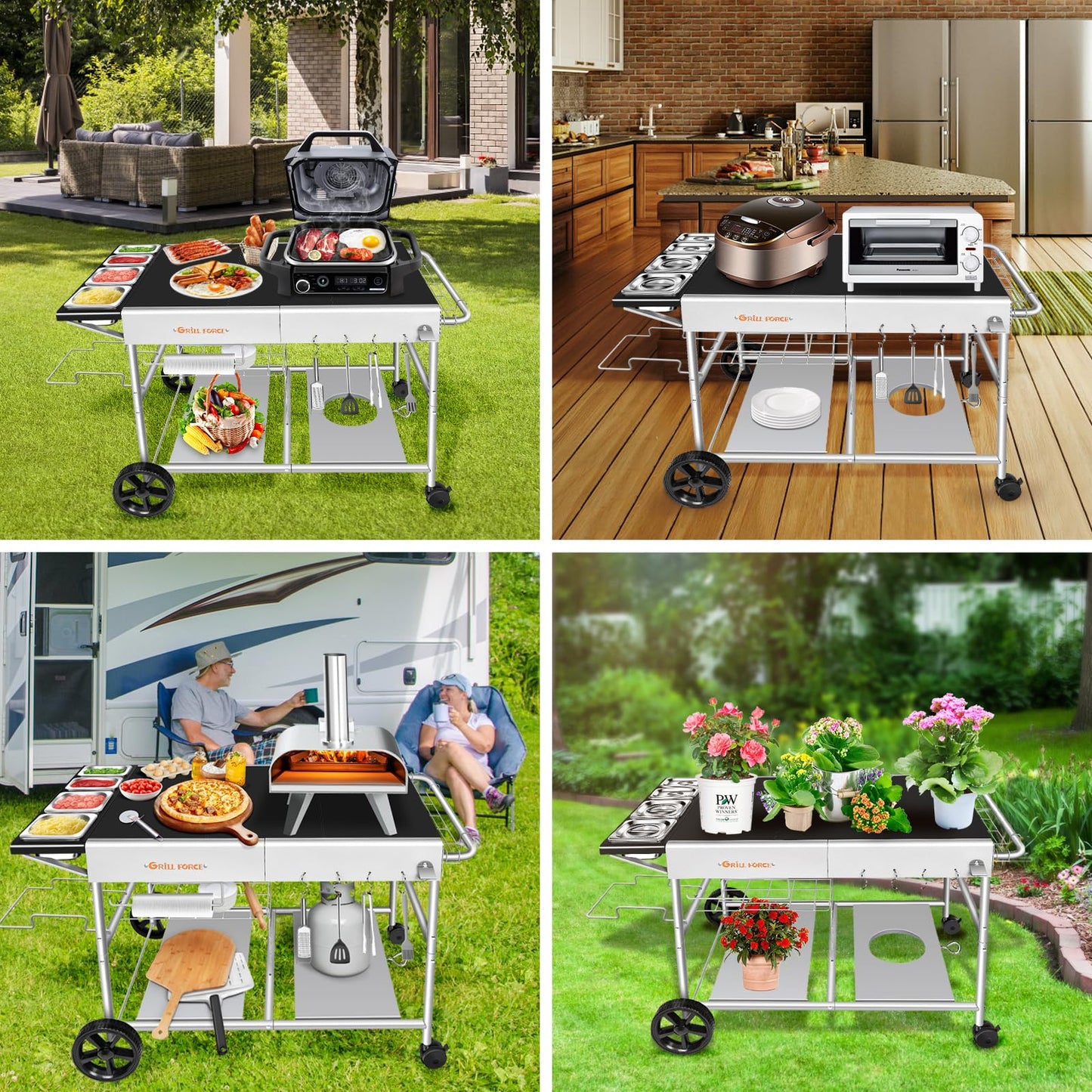 GRILL FORCE Pizza Oven Table with Topping Station, Outdoor Pizza Oven Cart, Grill Table for Outside, Grill Cart, Food Prep Work cart Fits for Ninja Woodfire Grill, Blackstone Griddle,Tabletop Grill