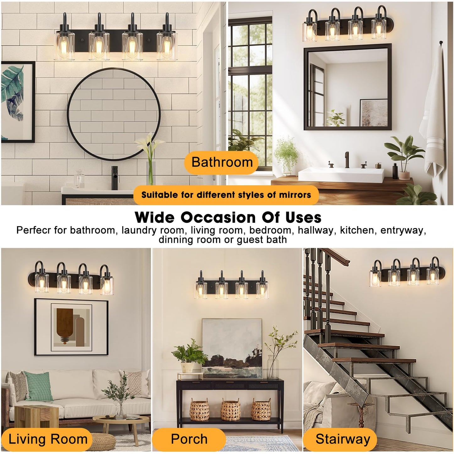 Baocuz 4-Light Vanity Lights for Bathroom, Modern Black Bathroom Light Fixtures Over Mirror, 23.6 inch Bathroom Wall Sconces for Hallway, Bedroom, Living Room with Clear Glass Shade