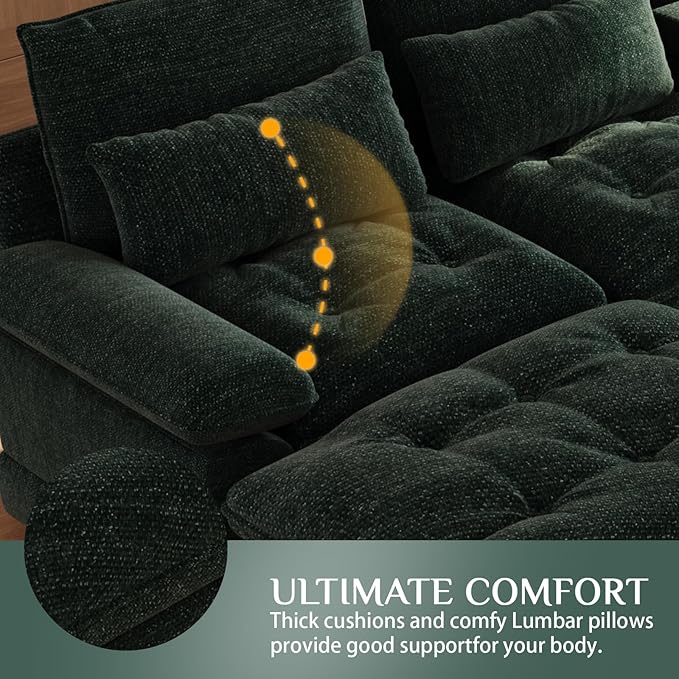 BEQAI 134"U Shaped Sectional Couches for Living Room, Oversized Modular Sectional Fluffy Couch with 2 Ottoman & Storage Console,Modern 6 Seat Living Room Sofa with Glitter Fabric,Tufted Buttons, Green