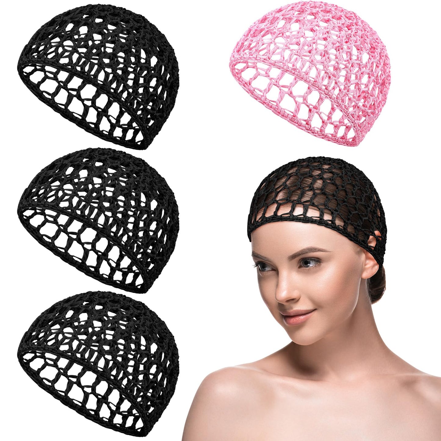 Geyoga 4 Pieces Mesh Crochet Hair Net Rayon Knit Snood Hat Thick Short Women Hairnet Snoods Cover Ornament for Sleeping (Pink,Bl