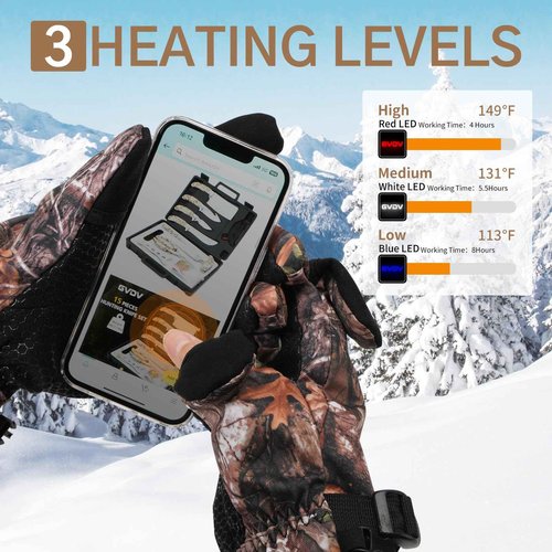 GVDV Hunting Heated Gloves for Men, 7.4V 3400mAh Rechargeable Touch Screen Heating Gloves with 2 Battery Packs, Winter Hand Warmers Glove for Outdoor Hunting Fishing Shooting Hiking, Camouflage, L
