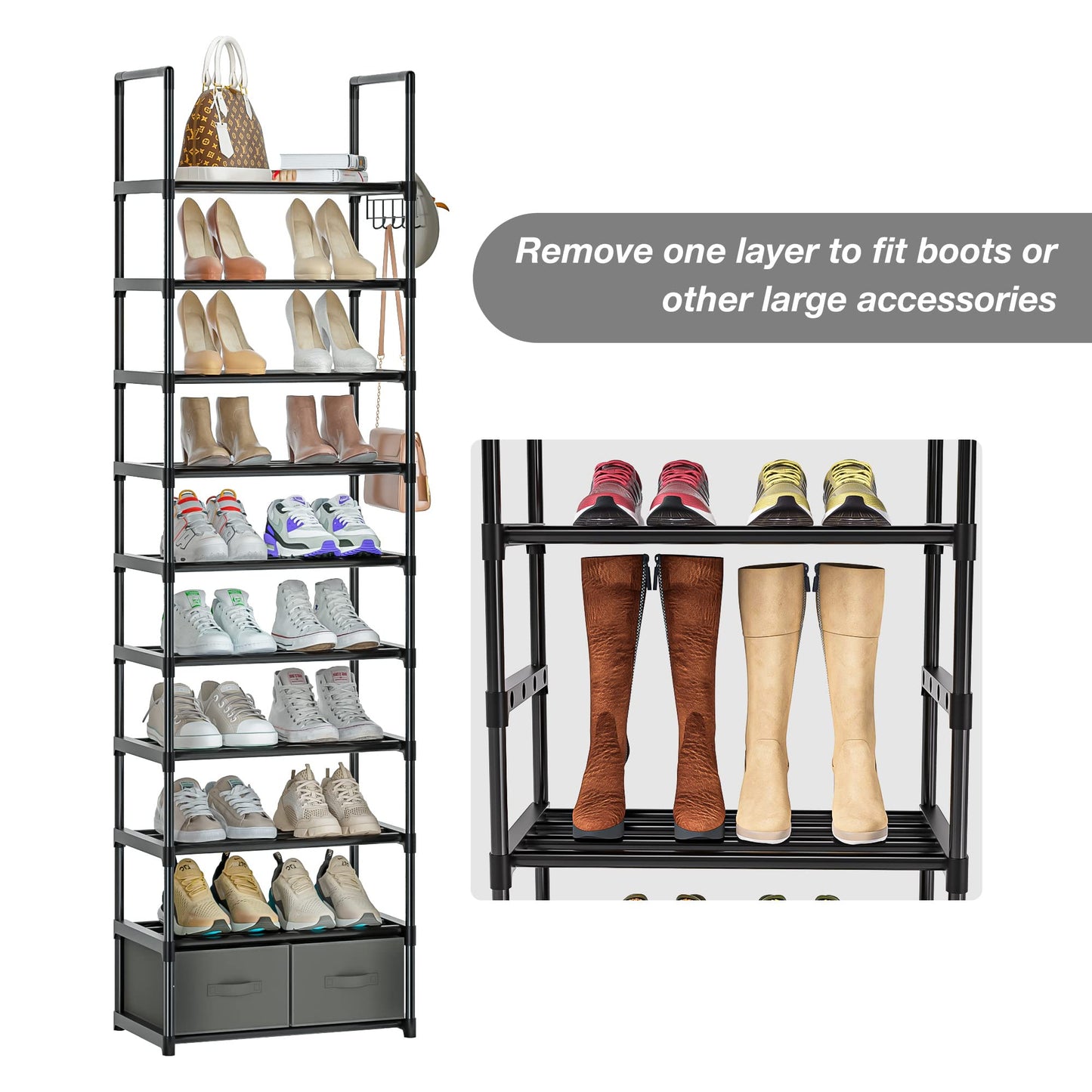 OYREL Tall Shoe Rack Narrow 10 Tier Shoes Rack 20 25 Pairs, Shoe Storage Organizer for Closet, Sturdy Metal Shoe Shelf Shoe Stand with 2 Boxes 1 Hook