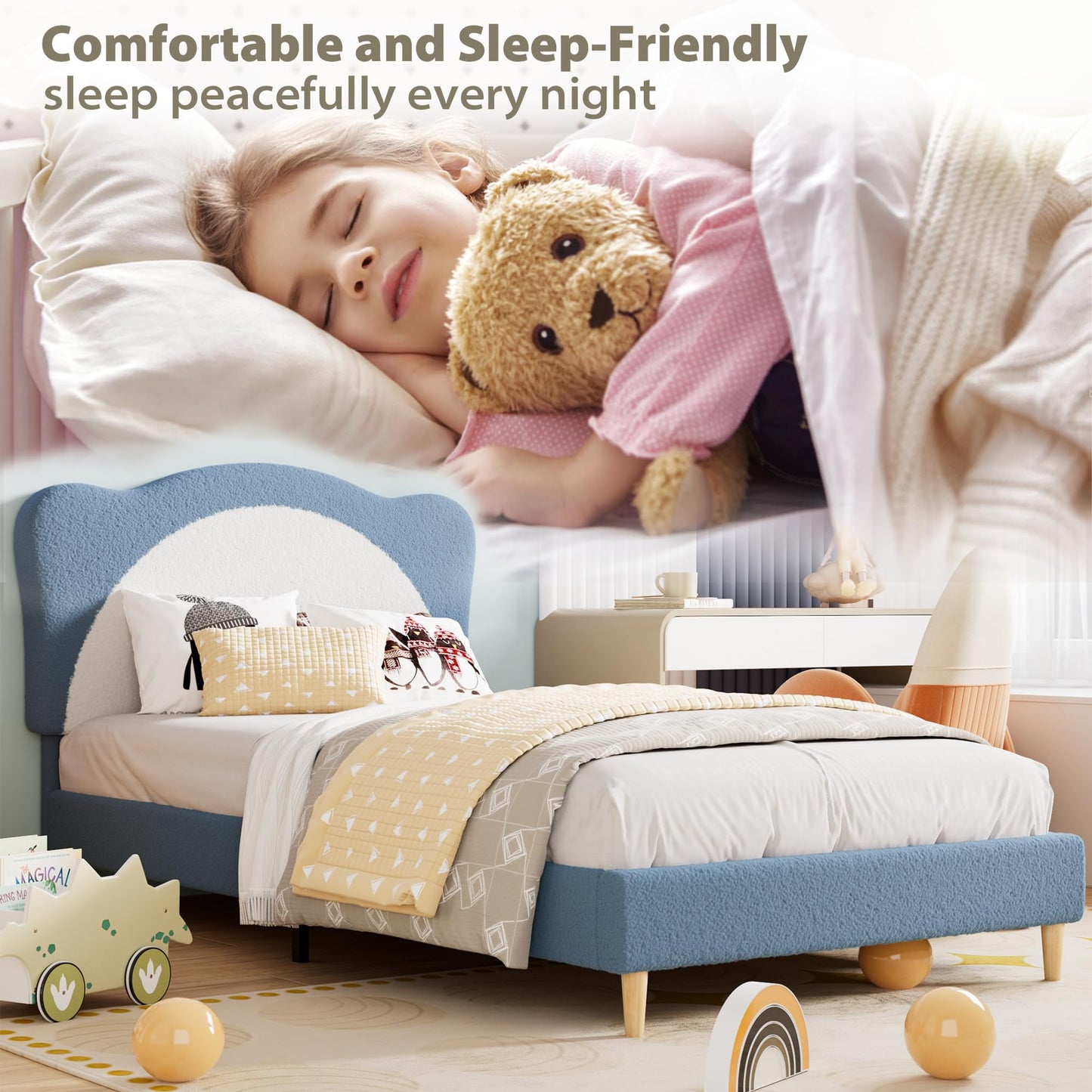 GarveeHome Upholstered Twin Bed Frame for Kids - with Adjustable Chic Scallop Headboard, Cute Velvet Princess Platform Bed for Girls/Kids, Solid Wood Slats Support, No Box Spring Needed, Blue + White