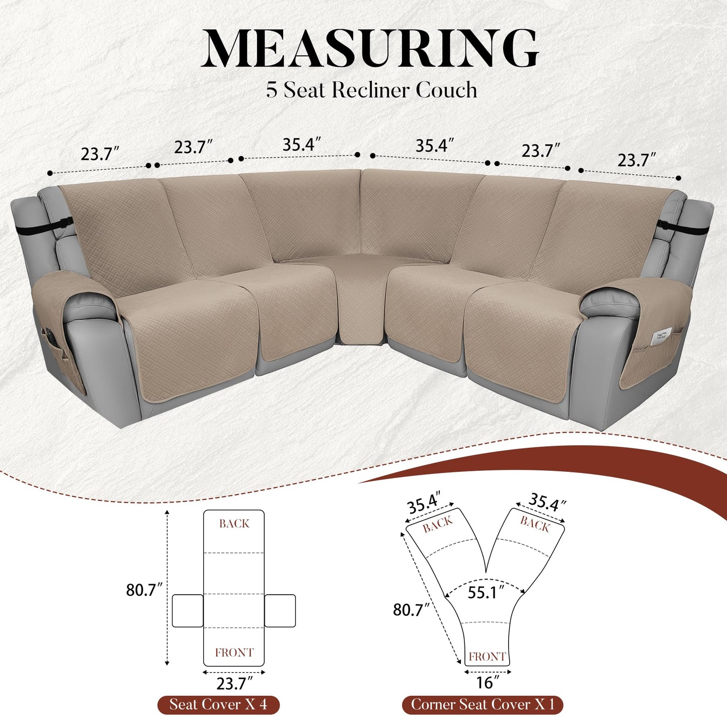 YUEVELLA Velvet 1OO% Waterproof Reclining Sectional Couch Covers for Sectional Sofa L Shape 7-Piece Quilted Corner Recliner Sofa Cover Slipcovers Set Washable (5 Seater, Khaki)