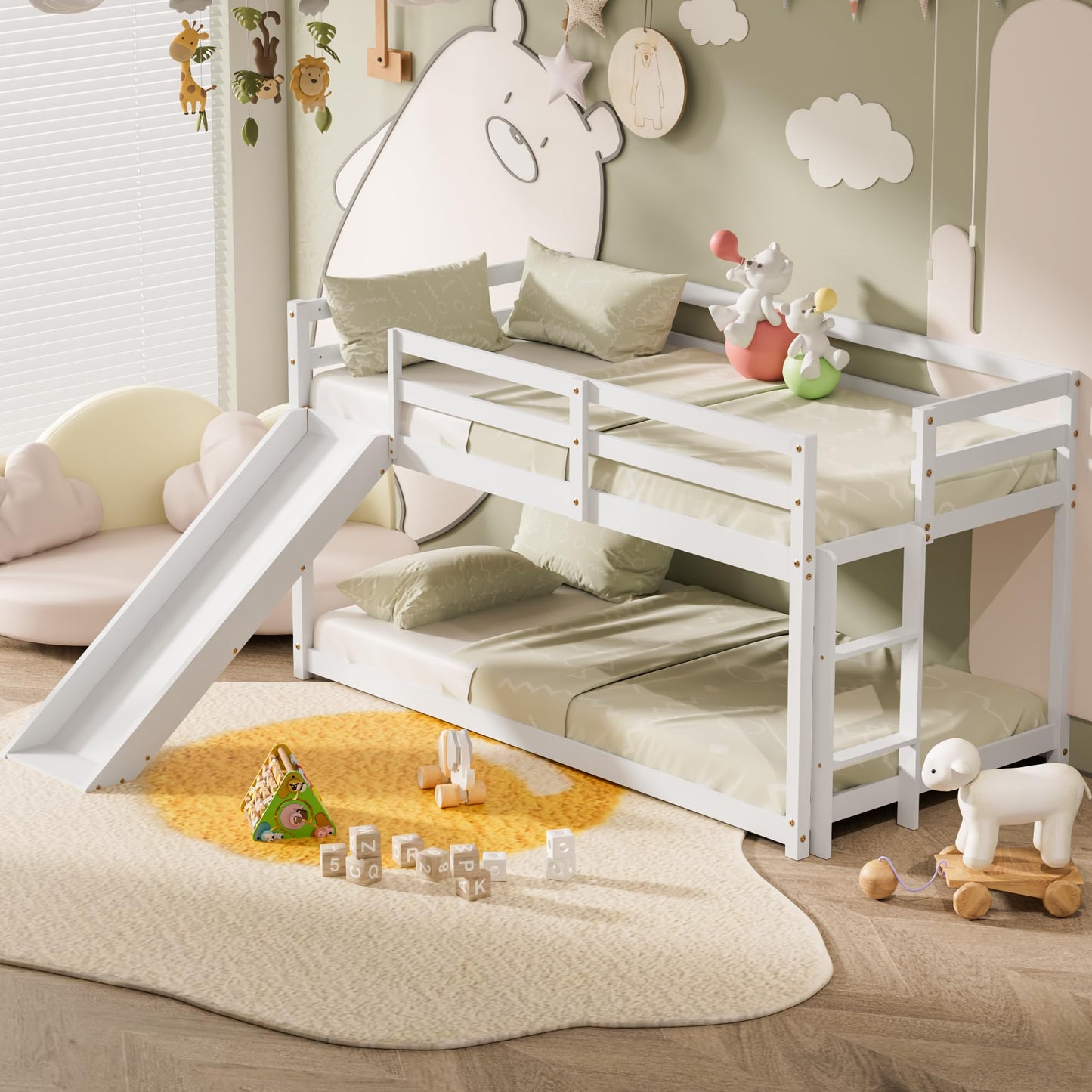 OLEAD Low Bunk Bed with Slide, Floor Loft Bed with Climbing Ladder, Wood Twin Bunk Bed Frame with Full Guardrails & Storage Space for Kids Toddler