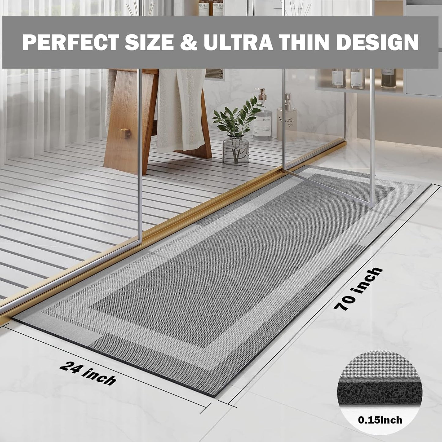 Extra Long Non Slip Bathroom Runner Bath Mat, Rubber Backing Ultra Thin Bath Rug Fit Under Door Quick Dry Super Absorbent Washable Shower Mat for Bathroom Floor Bathtub Sink, Grey 24"x70"