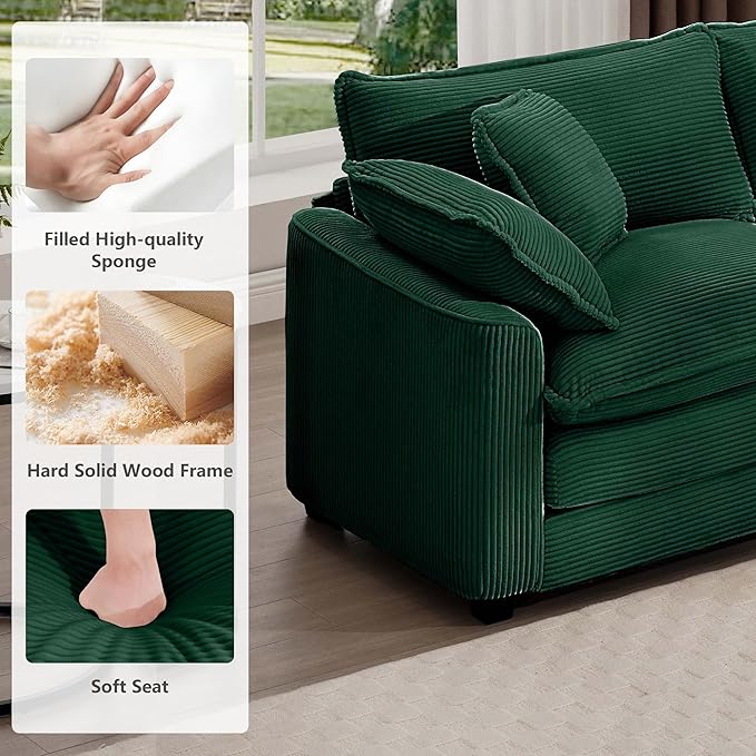 mikibama Luxury 2 Piece Sofa Set, Loveseat Couch & Sofa Armchair Set, Modern Corduroy Comfy Cloud Couches Set for Living Room Office with 2 Armrest Pillows and 3 Toss Pillows, Green