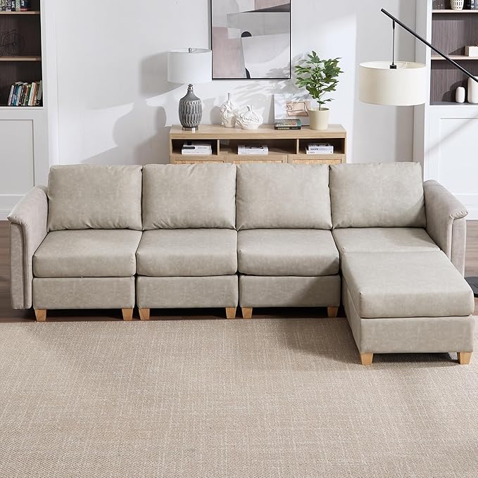 Modular Sectional Sofa,Modern L Shaped Sectional Couches for Living Room,5 Seat PU Leather Deep Seat Sectional Cloud Couch with Storage/Ottoman,Beige