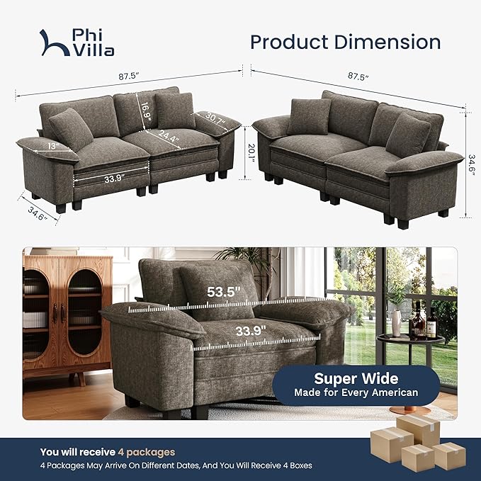 PHI VILLA Cloud Modular Couches Sets, 2 Pieces Sectional Loveseat Sofa Set, 4-Seater Comfy Couch for Living Room Apartment, Chenille Fabric, Smoky Grey