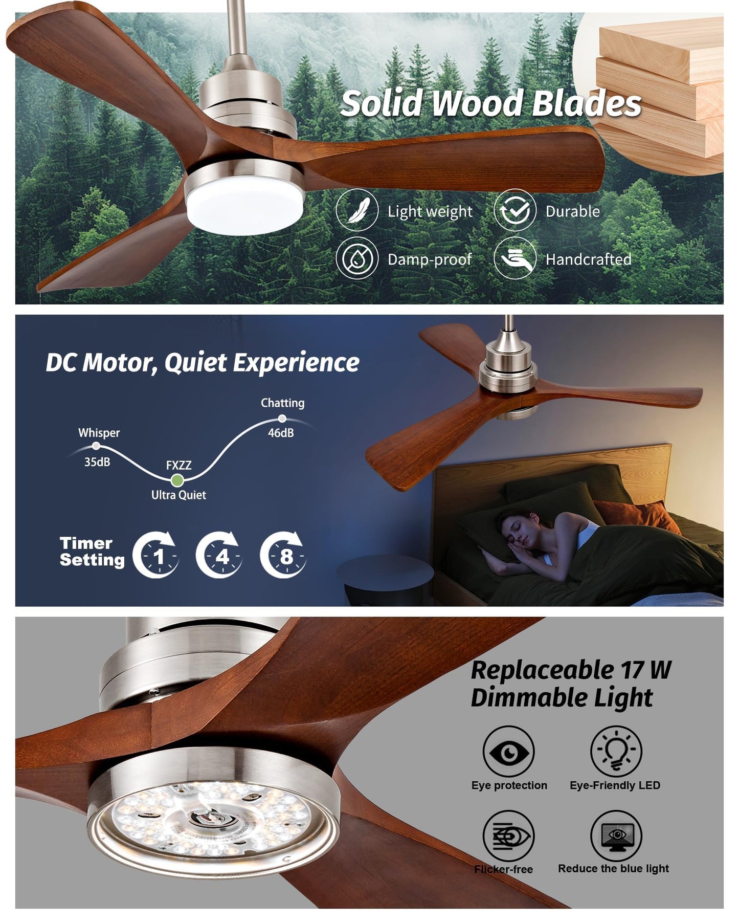 FXZZ 42 Inch Ceiling Fans with Lights, Remote Control, Dimmable, Solid Wood Blades, Power-Off Memory, Quiet DC Motor, Brushed Nickel Modern Ceiling Fan for Farmhouse Living Room Bedroom Outdoor Patio
