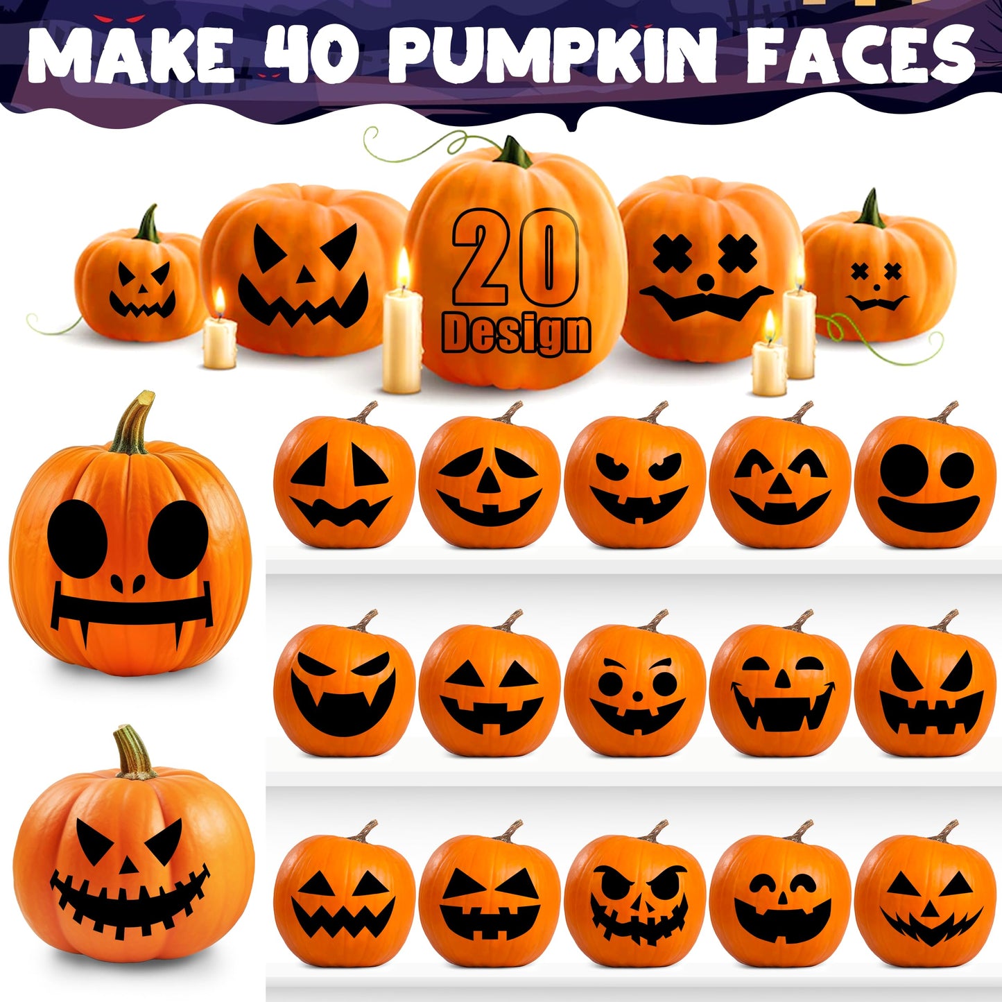 LINAYE 40 PCS Pumpkin Decorating Stickers, Halloween Jack-O-Lantern Face Stickers for Craft, Make Your Own Pumpkin Face Decorating Kit, Halloween Game Activities Gifts Party Favors for Kids