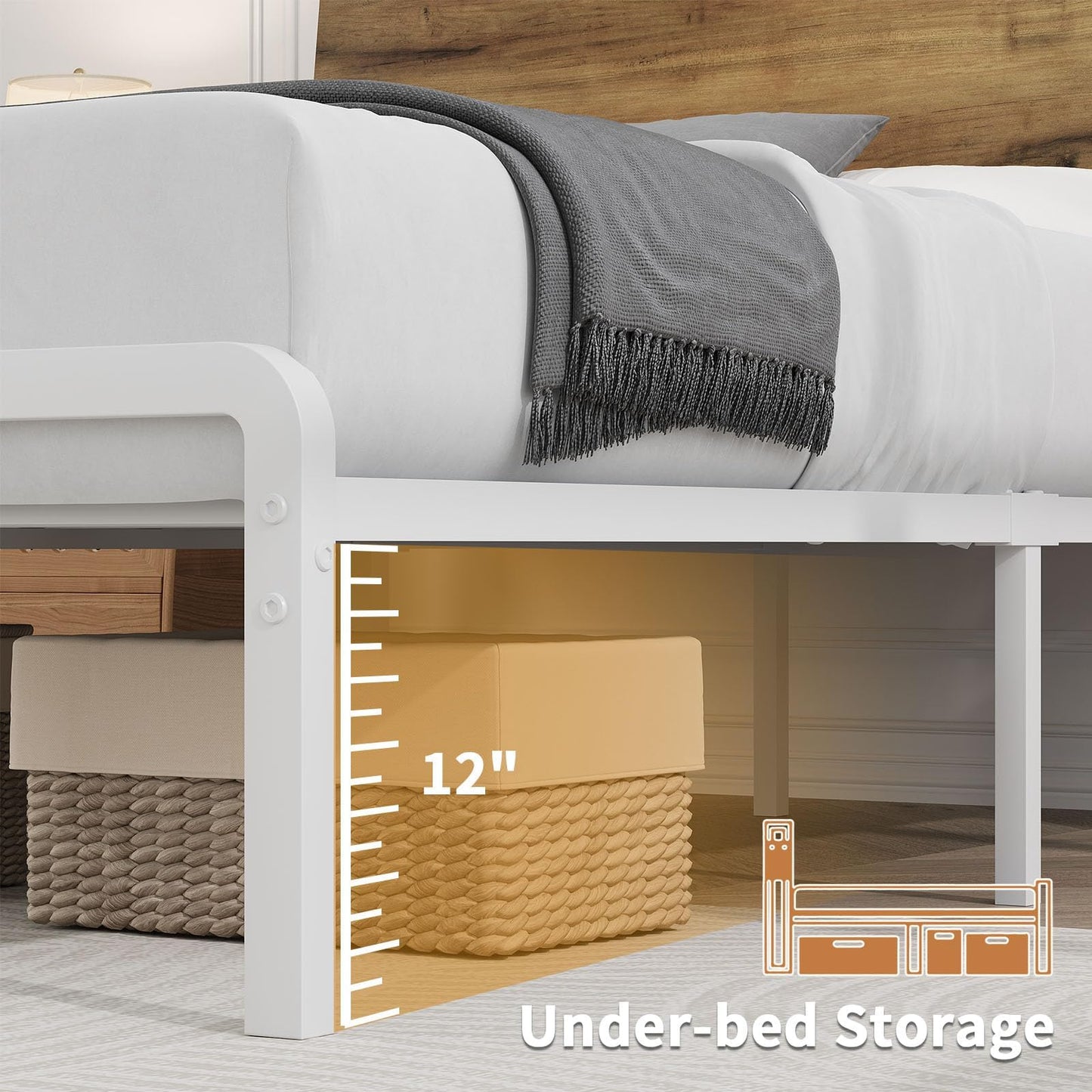 MaverickFurni Full Bed Frame, LED Bed Frame with Storage Headboard, Metal Platform Bed Full Size, Heavy Duty Metal Slats, No Box Spring Needed, Easy Assembly, White and Walnut