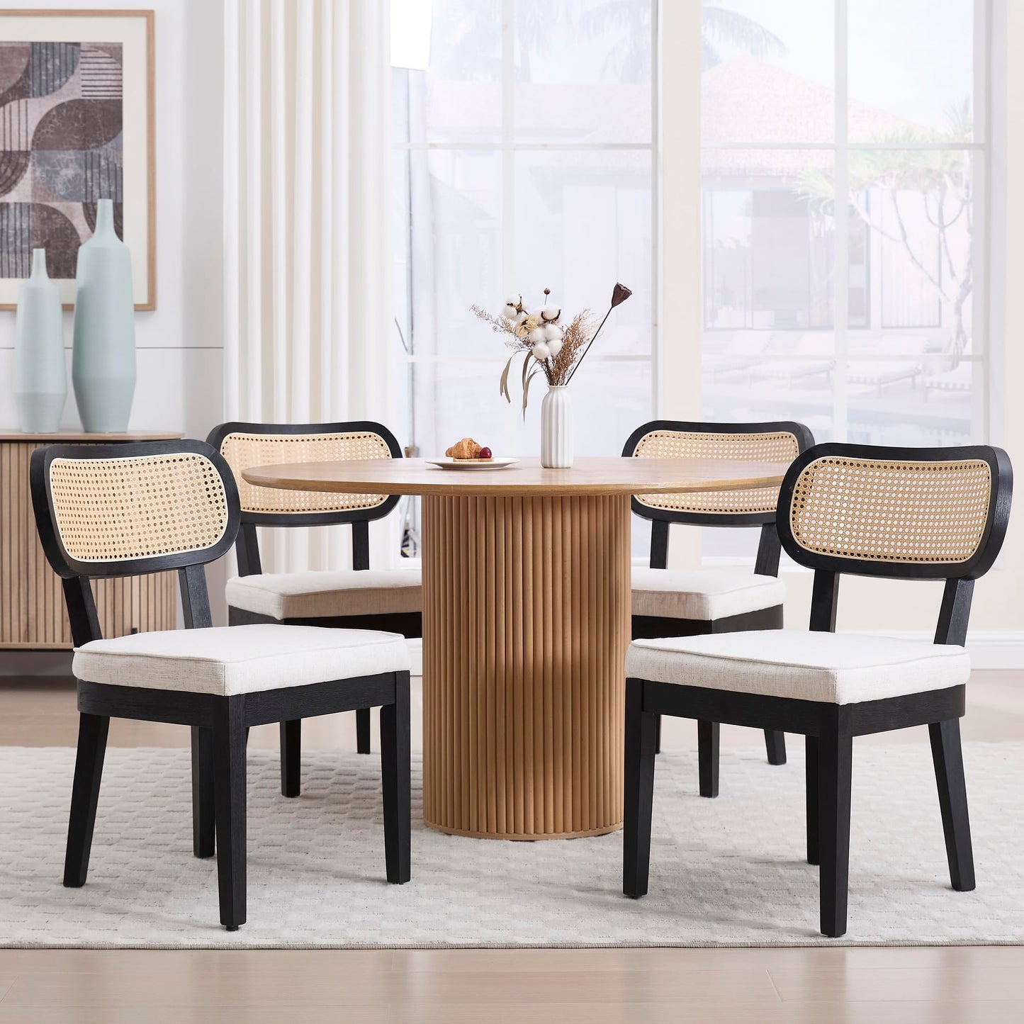 BESTANO Rattan Dining Chairs Set of 4 Beige Linen Rustic Modern Dining Room Chairs with Cane Backrests