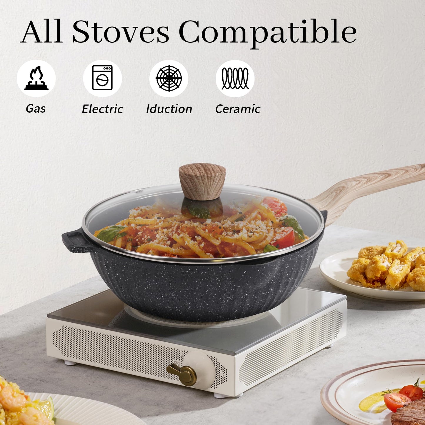 Cuisinluv Pots and Pans Set Non Stick, 17Pcs Kitchen Cookware Sets, Granite Stone Induction Cookware Non Stick Cooking Set w/Frying Pans, Saucepans, Sauté Pan (PFOA Free), Black