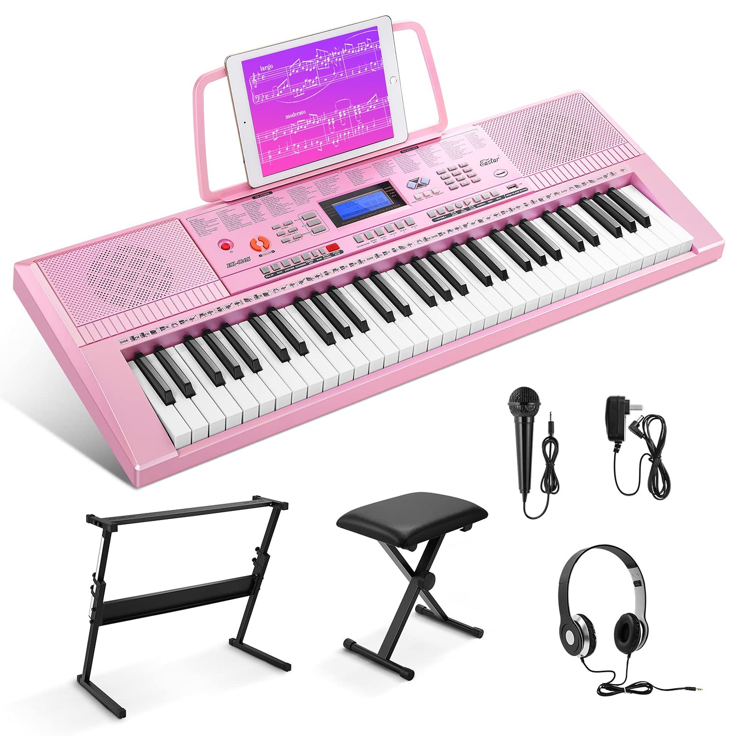 Eastar Electronic Keyboard Piano Kit 61 Key for Beginner, Children Digital E Piano with Stand, Bench, Music Stand and Microphone, Pink, Musical Instrument Birthday Gifts for Kids Girls Daughter