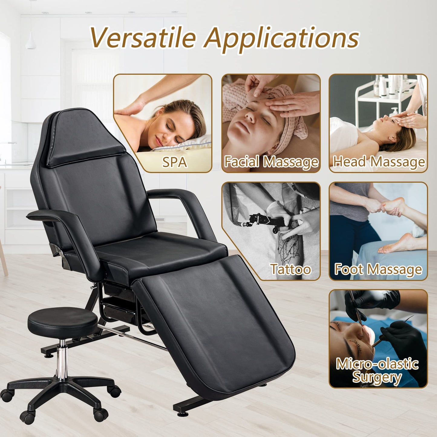 Favfurish Massage Salon Tattoo Chair,Multi-Purpose 3-Section Facial Bed Table, with Hydraulic Stool and Two Trays, Adjustable,fit for Beauty,Barber,Spa,Easy to Assemble, Faux Fur, Black