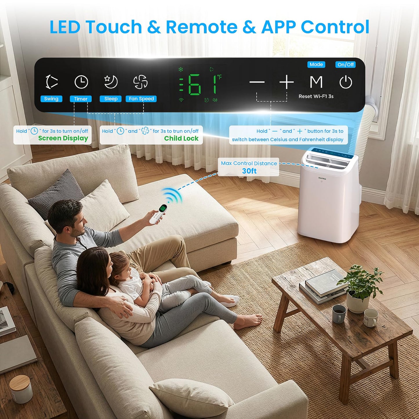 ZAFRO Portable Air Conditioners, 12000 BTU, 3 in 1 Portable AC with Drainage-free Cooling, Fan & Dehumidifier, Smart AC Unit with APP/Remote Control, 47dB Quiet, 24H Timer for Living Room, Bedroom