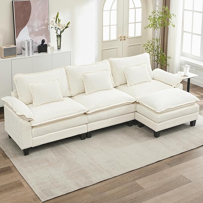URRED Cloud Couch Modular Sectional Sofa, 122'' Modern L Shaped Deep Seat Sofa with Ottoman & Pillows, Ultra Comfy Chenille Couches for Living Room, Bedroom or Apartment, White | Chenille Fabric, Skin Friendly, Breathable, Ergonomic Design, Flexible Mo...