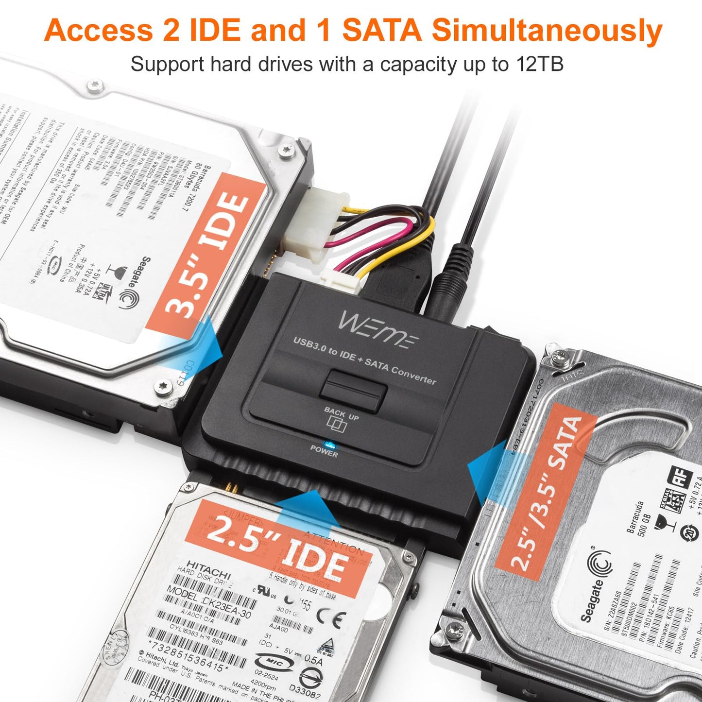 Weme Usb 3.0 To Sata/Ide Adapter With Universal 2.5/3.5 Hard Drive Disk Converter For Hdd/Ssd & Ide Hdd Support 6Tb And One-Touc