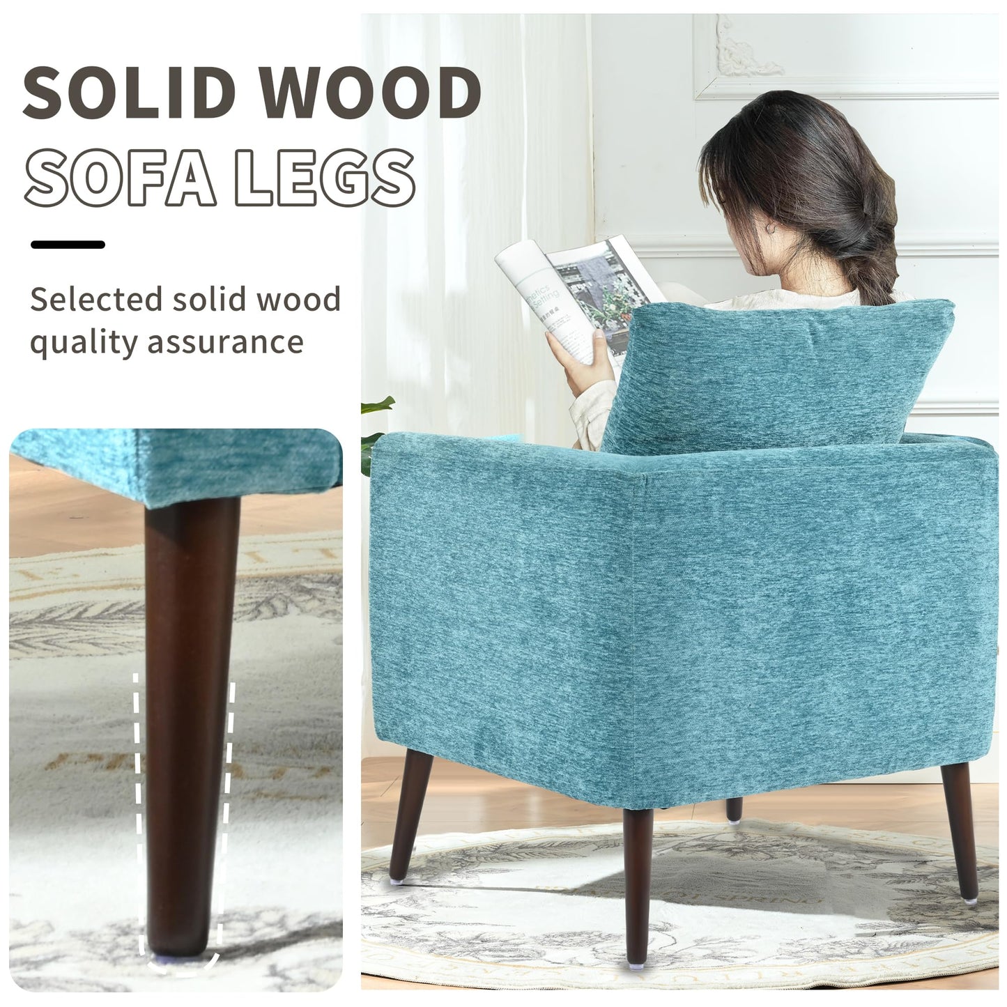QKFF Barrel Accent Chair with Back Pillow, Large Upholstered Armchair with Solid Wood Legs Modern Reading Chairs for Living Room Bedroom