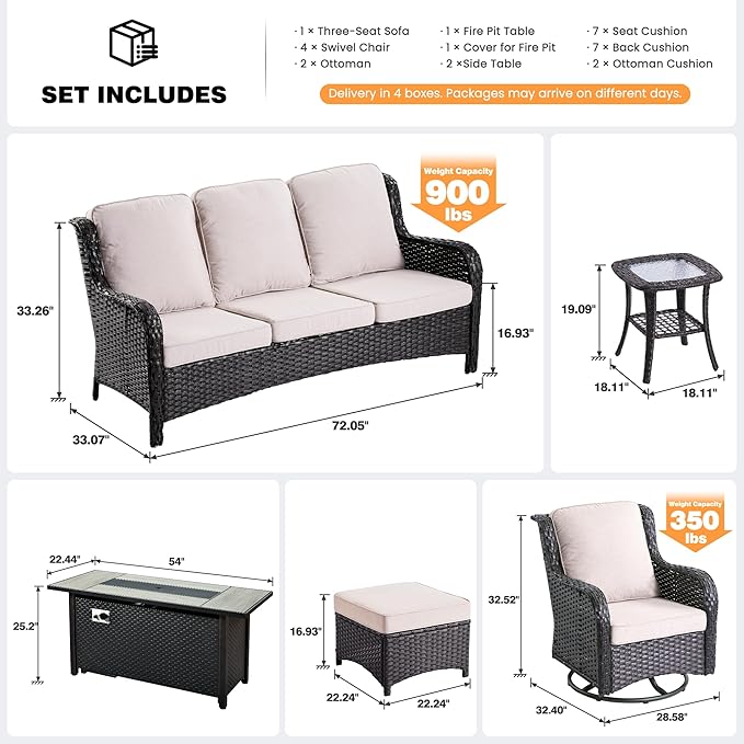 ovios 10 Pieces Patio Furniture Set, Outdoor Wicker Sofa Couch with Swivel Chairs 54" Fire Pit Table, High Back Modern All Weather Conversation Sets, Brown Rattan, Beige